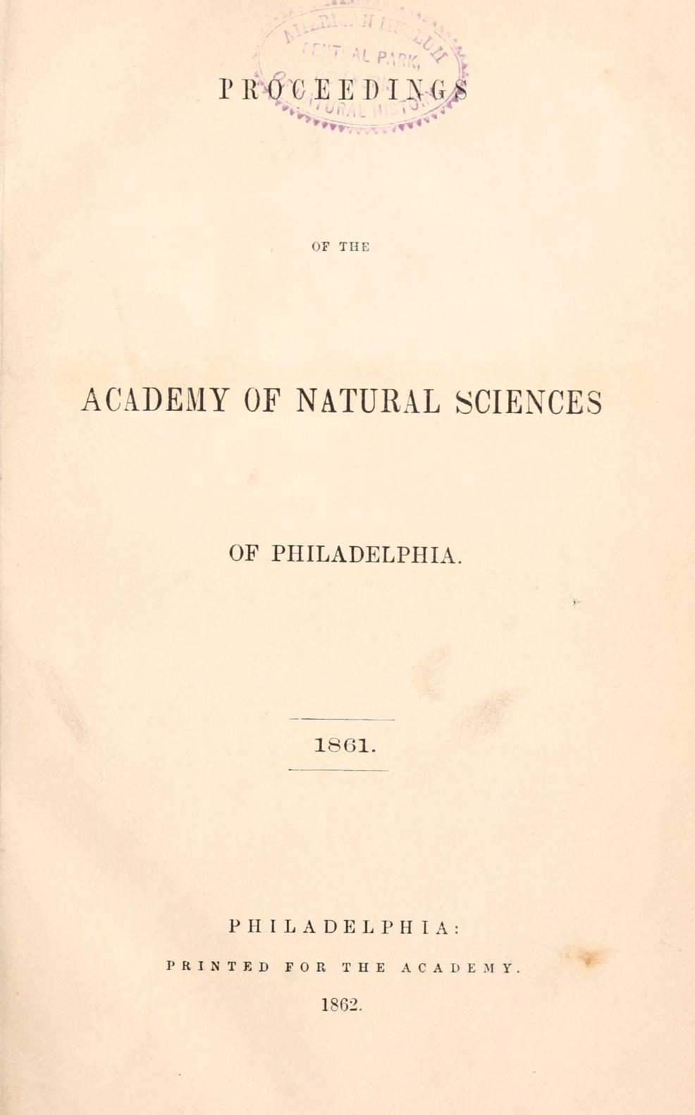 Media type: text; Lea 1861 Description: Proceedings of the Academy of Natural Sciences of Philadelphia, vol. XIII;